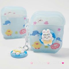 Cover Case Vỏ bảo vệ Airpod Thỏ Đi Bơi Icon Nổi Trong Xanh Phao Gợn Sóng Kèm Charm Airpod 1/2/3/Pro/Pro2