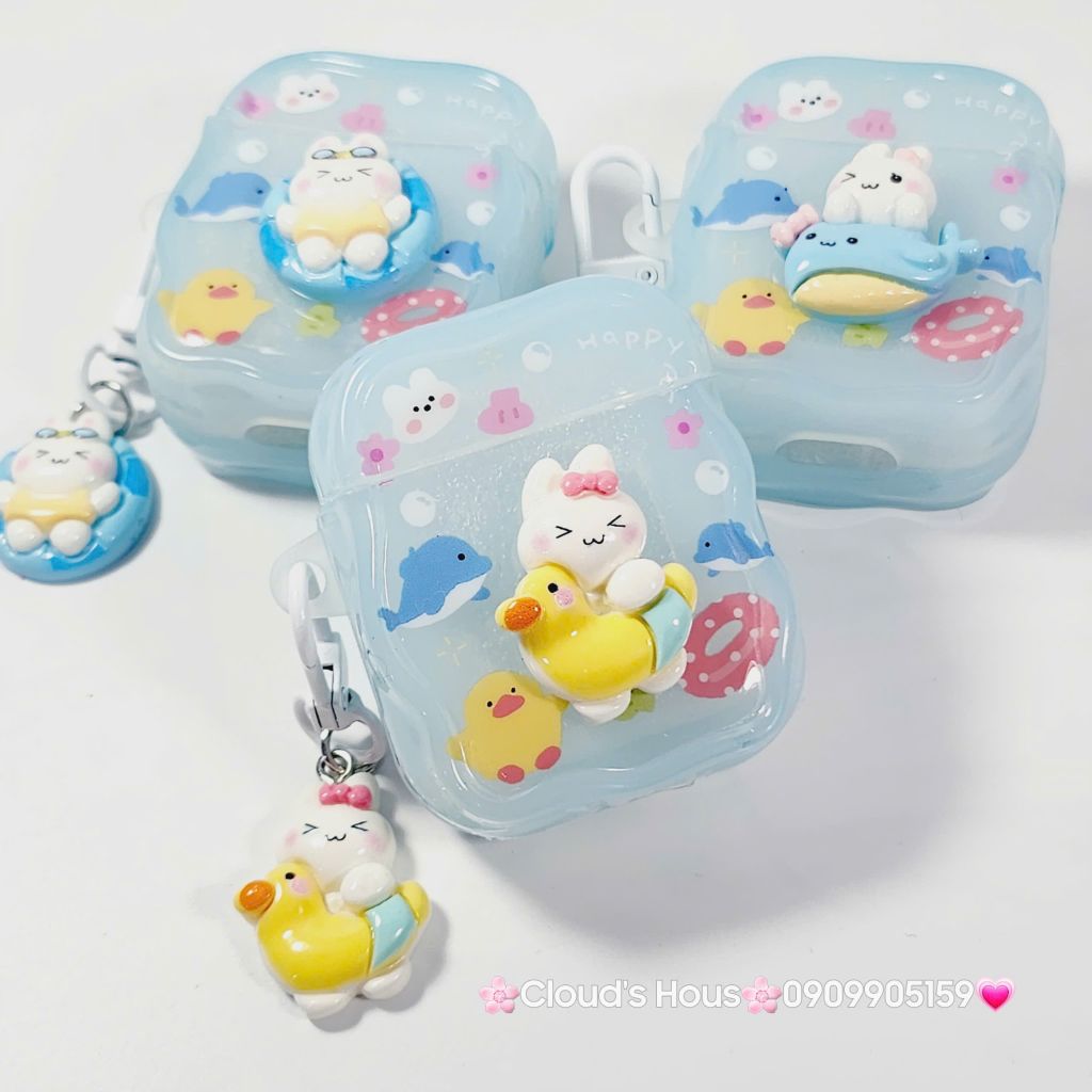 Cover Case Vỏ bảo vệ Airpod Thỏ Đi Bơi Icon Nổi Trong Xanh Phao Gợn Sóng Kèm Charm Airpod 1/2/3/Pro/Pro2