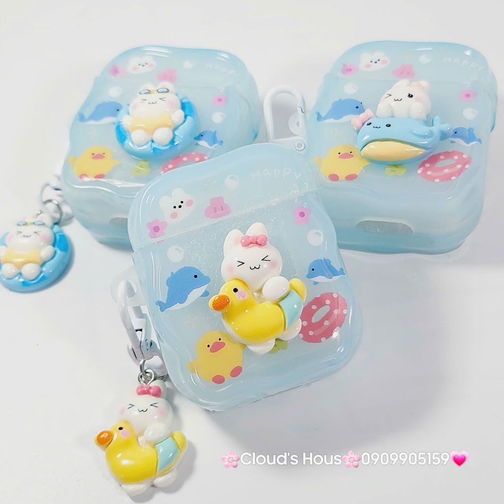 Cover Case Vỏ bảo vệ Airpod Thỏ Đi Bơi Icon Nổi Trong Xanh Phao Gợn Sóng Kèm Charm Airpod 1/2/3/Pro/Pro2