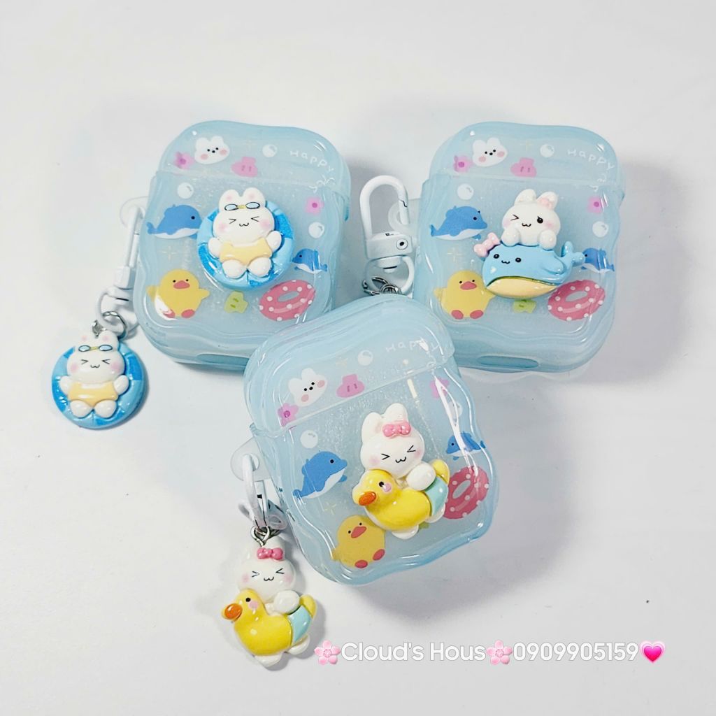 Cover Case Vỏ bảo vệ Airpod Thỏ Đi Bơi Icon Nổi Trong Xanh Phao Gợn Sóng Kèm Charm Airpod 1/2/3/Pro/Pro2