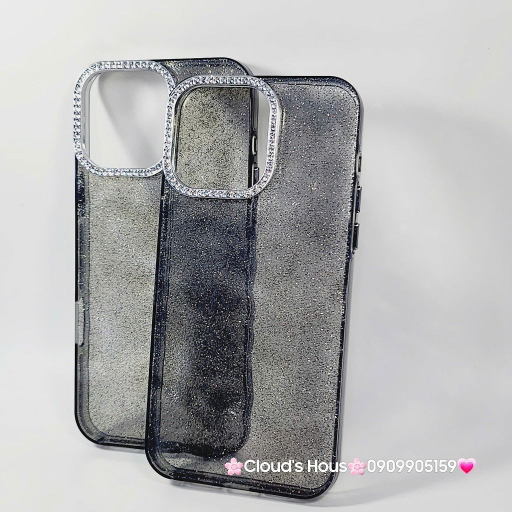 Case Ốp điện thoại iPhone Đen Trong Kim Tuyến Đính đá viền camera Bling Bling iPhone 11/12/13/14/15/16/Pro/Promax