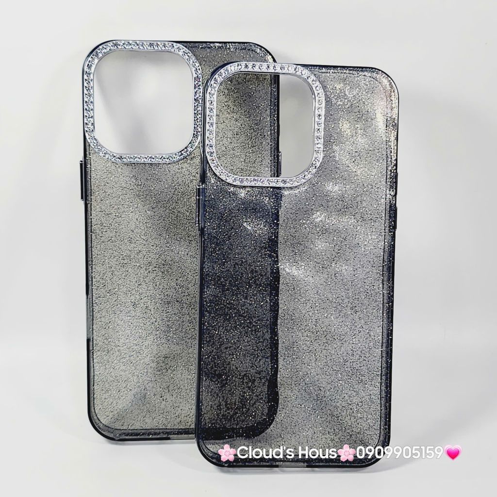 Case Ốp điện thoại iPhone Đen Trong Kim Tuyến Đính đá viền camera Bling Bling iPhone 11/12/13/14/15/16/Pro/Promax