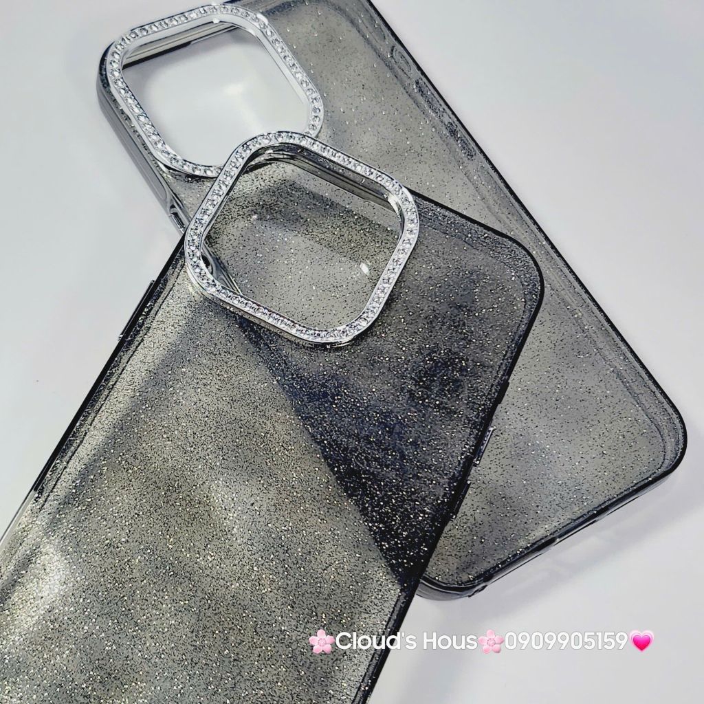 Case Ốp điện thoại iPhone Đen Trong Kim Tuyến Đính đá viền camera Bling Bling iPhone 11/12/13/14/15/16/Pro/Promax
