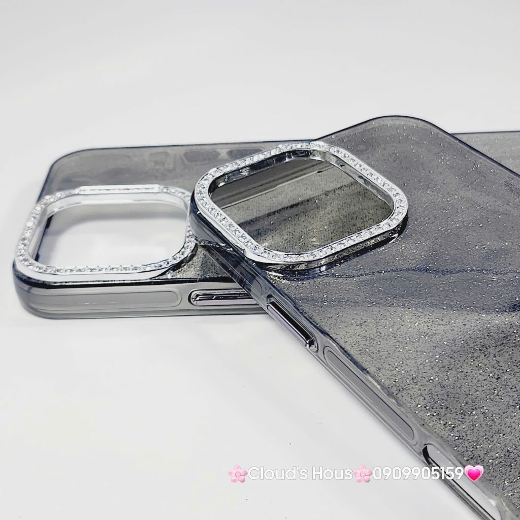 Case Ốp điện thoại iPhone Đen Trong Kim Tuyến Đính đá viền camera Bling Bling iPhone 11/12/13/14/15/16/Pro/Promax