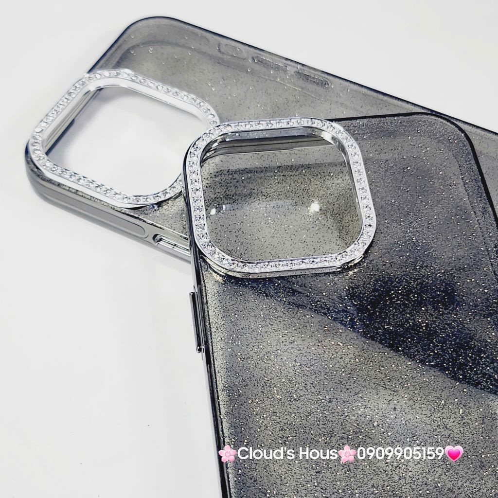 Case Ốp điện thoại iPhone Đen Trong Kim Tuyến Đính đá viền camera Bling Bling iPhone 11/12/13/14/15/16/Pro/Promax