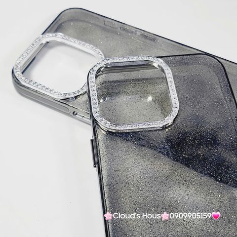 Case Ốp điện thoại iPhone Đen Trong Kim Tuyến Đính đá viền camera Bling Bling iPhone 11/12/13/14/15/16/Pro/Promax
