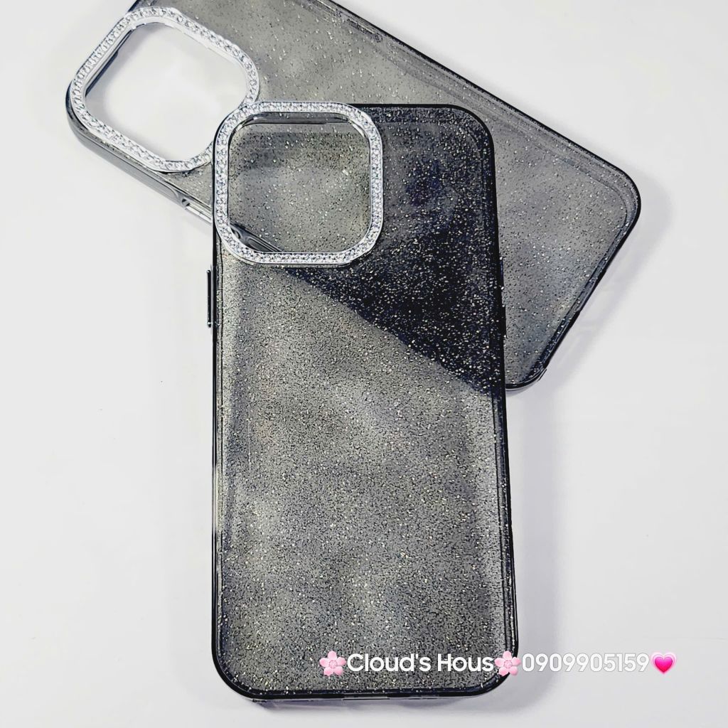 Case Ốp điện thoại iPhone Đen Trong Kim Tuyến Đính đá viền camera Bling Bling iPhone 11/12/13/14/15/16/Pro/Promax