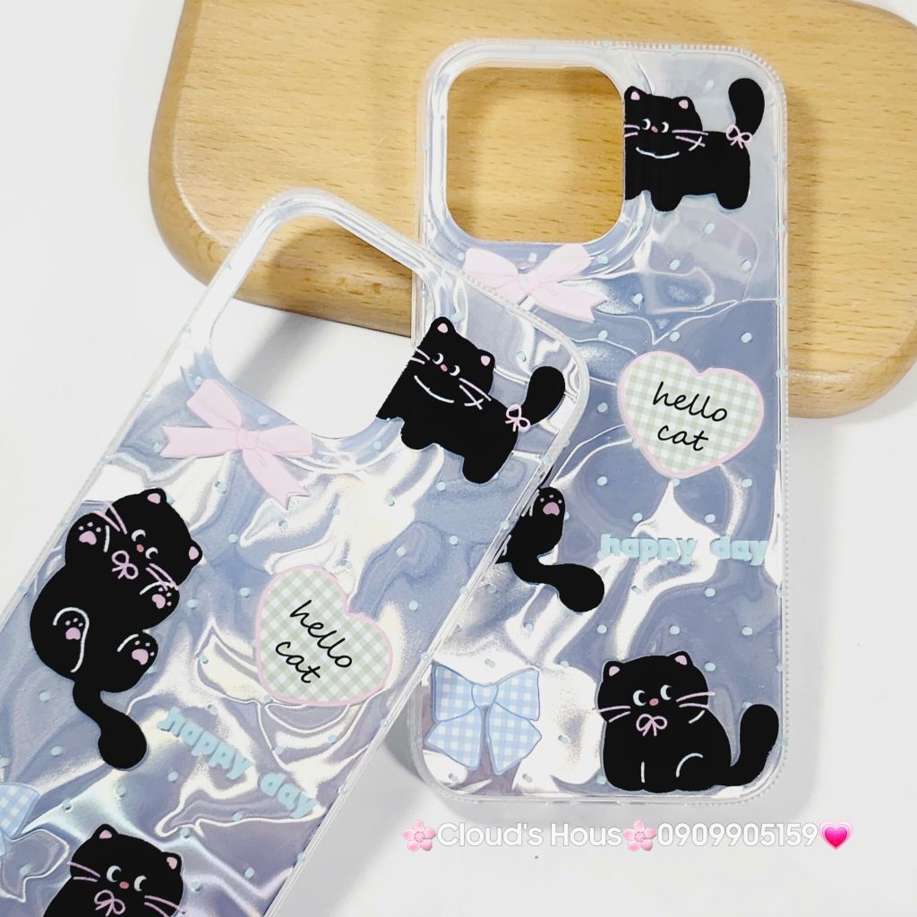 Case Ốp điện thoại iPhone Mèo Đen Hologram 3D Hello Cat iPhone 11/12/13/14/15/16/Pro/Promax