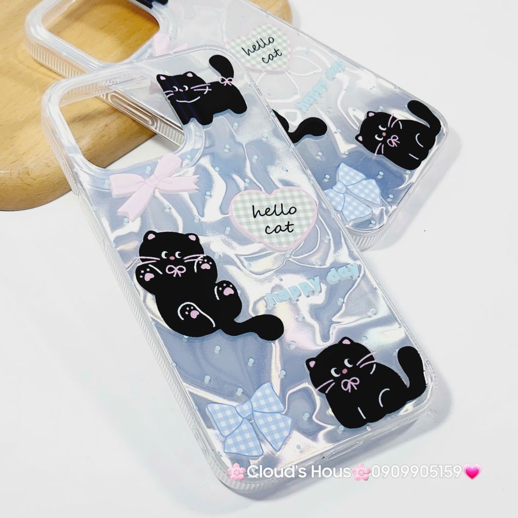 Case Ốp điện thoại iPhone Mèo Đen Hologram 3D Hello Cat iPhone 11/12/13/14/15/16/Pro/Promax