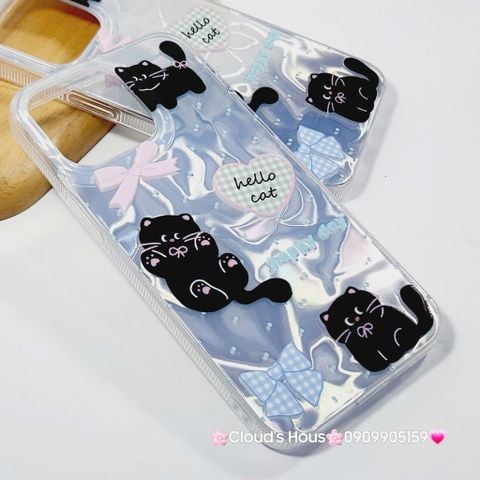 Case Ốp điện thoại iPhone Mèo Đen Ánh Bạc 3D Hello Cat iPhone 11/12/13/14/15/16/Pro/Promax