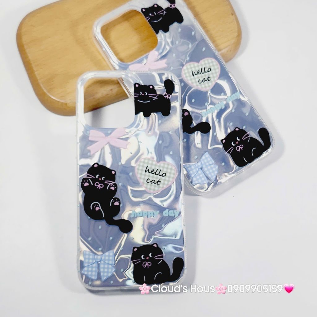 Case Ốp điện thoại iPhone Mèo Đen Hologram 3D Hello Cat iPhone 11/12/13/14/15/16/Pro/Promax