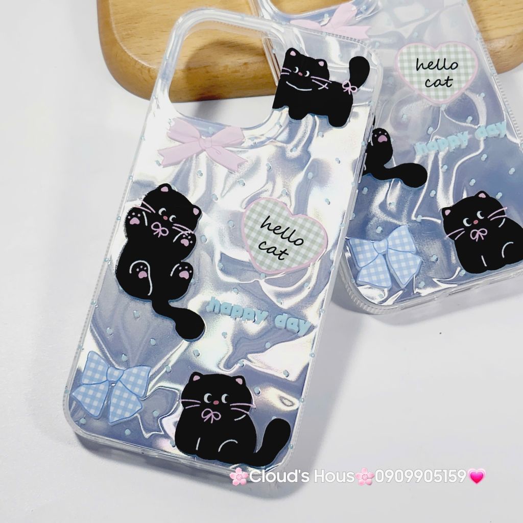 Case Ốp điện thoại iPhone Mèo Đen Hologram 3D Hello Cat iPhone 11/12/13/14/15/16/Pro/Promax