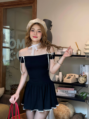 Váy đen trễ vai Luna Dress VTV03 dáng xòe, xếp ly, có nơ ở vai - Uni By Heart