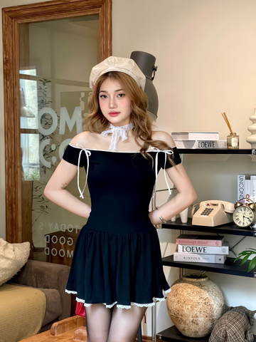 Váy đen trễ vai Luna Dress VTV03 dáng xòe, xếp ly, có nơ ở vai - Uni By Heart