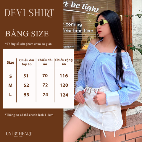 Áo sơ mi lộ vai Devi Shirt SMI021 kẻ sọc xanh dương, form rộng, thiết kế trẻ trung, hiện đại - Uni By Heart