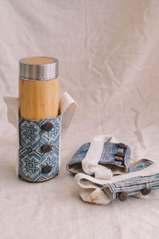  Cup holders made of indigo batik fabric with bottom strap 