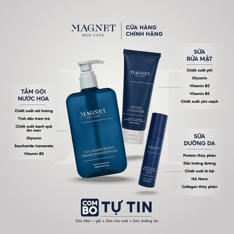 Combo Tự Tin Magnet Mencare Dầu Gội Sữa Tắm Nam 2in1 300ml & Sữa Rửa Mặt Nam 100ml & Sữa Dưỡng Da Nam 50ml
