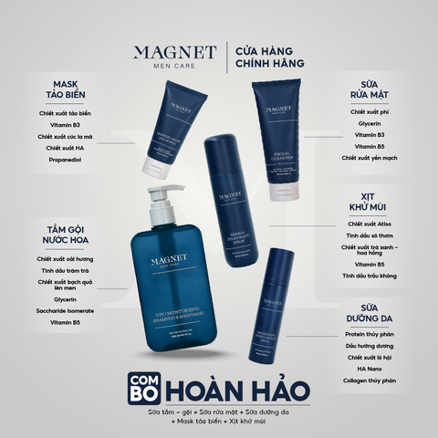 Combo Hoàn Hảo Magnet Mencare Dầu Gội Sữa Tắm Nam 300ml & Sữa Rửa Mặt Nam 100ml & Sữa Dưỡng Da Nam 50ml & Xịt Khuẩn Nam 120ml & Mặt Nạ Tẩy Tế Bào Chết Dành Cho Nam