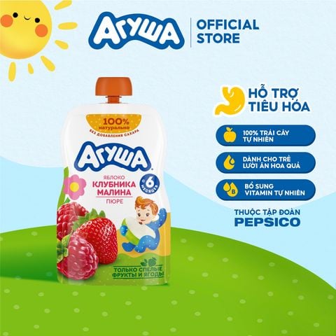  Trái cây nghiền vị táo, dâu tây và mâm xôi Agusha 90g dành cho bé từ 6 tháng trở lên 
