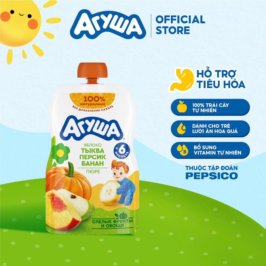  Trái cây nghiền vị táo, đào, chuối và bí ngô Agusha 90g dành cho bé từ 6 tháng trở lên 