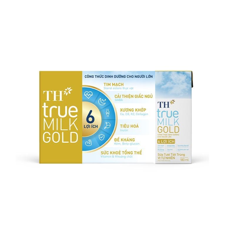  LỐC SỮA TƯƠI TIỆT TRÙNG VỊ TỰ NHIÊN TH TRUE MILK GOLD 180 ML - CÔNG THỨC DINH DƯỠNG CHO NGƯỜI LỚN TUỔI 