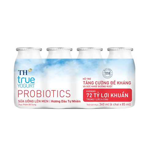  2 Lốc sữa uống lên men hương dâu tự nhiên TH true YOGURT PROBIOTICS 85ml x 4 chai 