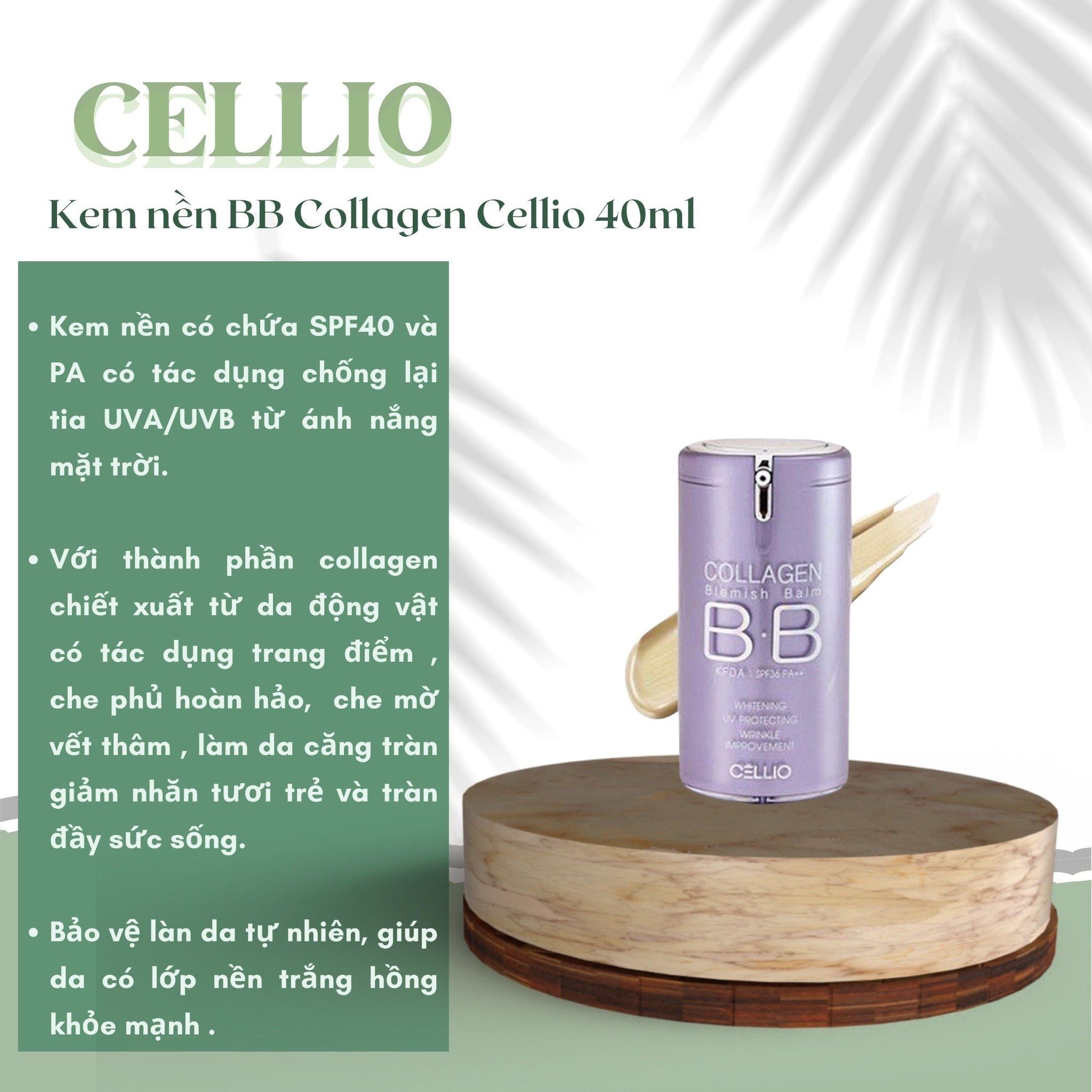 Kem nền BB Collagen Cellio là giải pháp tuyệt vời cho những cô gái mong muốn có làn da trẻ trung và rạng rỡ. Sản phẩm chứa thành phần collagen, giúp cải thiện sức sống và kích thước của các tế bào da, cùng với khả năng bảo vệ da khỏi tia UV. Đảm bảo độ bám cực tốt và lớp nền mỏng mịn, bạn sẽ thích thú khi sử dụng kem nền này.
