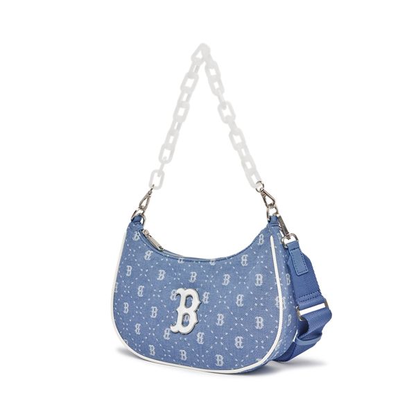 Túi MLB Diamond Monogram Denimlike Jacquard Strap Hobo Bag Boston Red Sox L.Sky Blue 3ABQS023N-43SBL