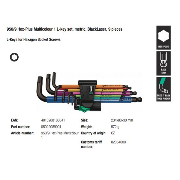  BỘ LỤC GIÁC ĐẦU BI NHIỀU MÀU 9 CÁI 950/9 HEX-PLUS WERA 05022089001 