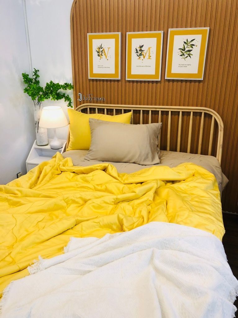 Ga giường TC Modal - Vàng phối nâu (Có chần ga và vỏ gối)