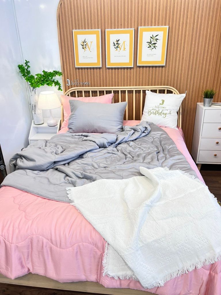 Ga giường TC Modal - Hồng phối xám (có chần ga và vỏ gối)