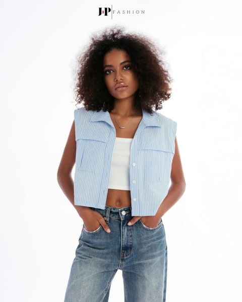 sơ mi tay ngắn dáng croptop xanh sọc trắng nhỏ