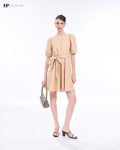 đầm kiểu thắt nơ eo màu kem