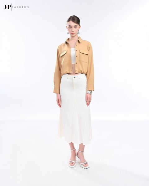 áo sơ mi croptop dây rút eo kem đậm