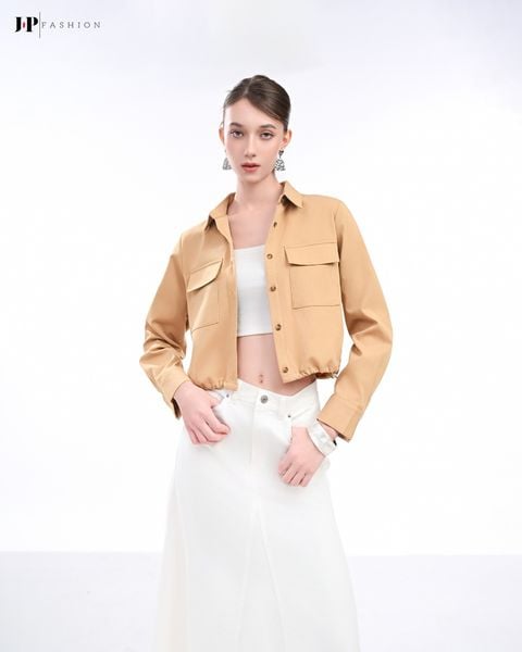 áo sơ mi croptop dây rút eo kem đậm