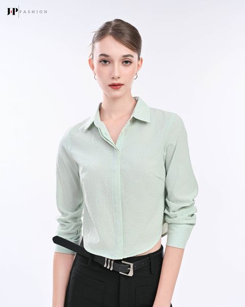 sơ mi sọc croptop tay dài sọc xanh