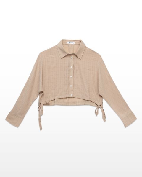 sơ mi croptop thắt nơ eo màu kem
