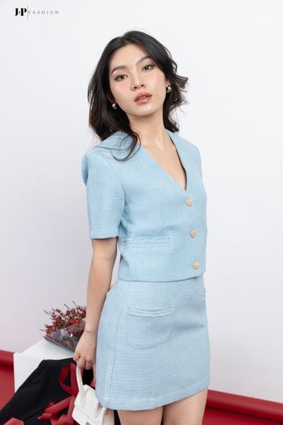 váy ngắn dạ tweed xanh nhạt