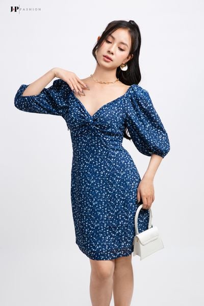 đầm kiểu tay phồng xanh hoa trắng