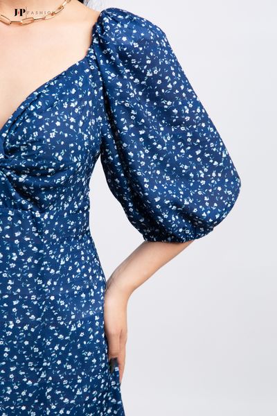 đầm kiểu tay phồng xanh hoa trắng