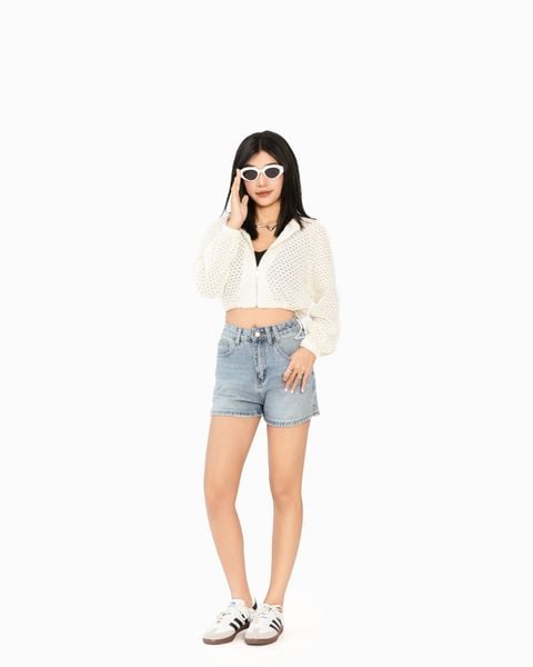 khoác nón lưới croptop dây rút eo kem
