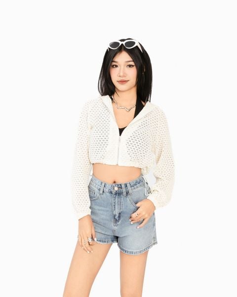 khoác nón lưới croptop dây rút eo kem