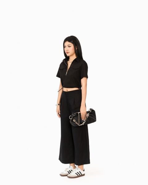 quần ống rộng lưng chun màu đen