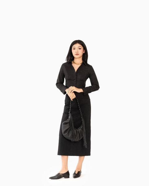 chân váy dài kaki xẻ tà sau màu đen