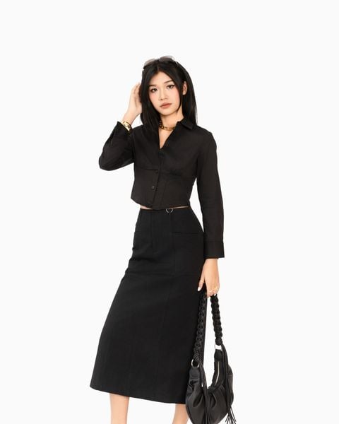 chân váy dài kaki xẻ tà sau màu đen