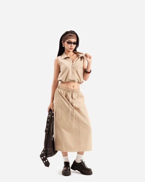 váy kiểu kaki túi hộp màu nâu