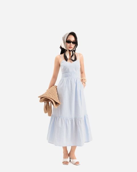 đầm kiểu dây dáng dài sọc xanh