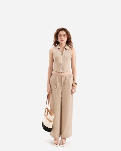 quần ống suông vải đũi màu kem