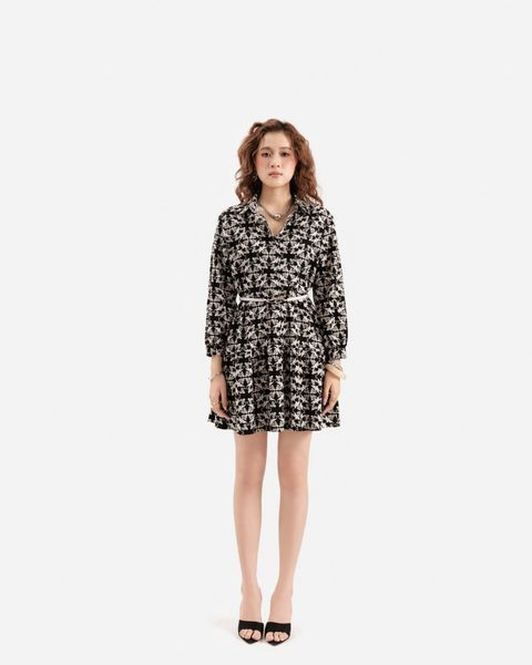 đầm dài tay họa tiết bông đen