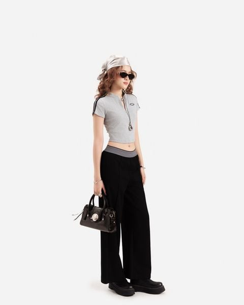 quần ống suông lưng thun màu đen